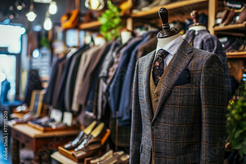 Generative AI illustration of mannequin dressed in a checkered tailored suit displayed in a sophisticated menswear store with various clothing items photo