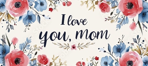 Wide banner with coral poppies and leaves on light background, inscribed with I love you, mom. For use in Mothers Day greetings, floral shop displays, or sentimental decor.