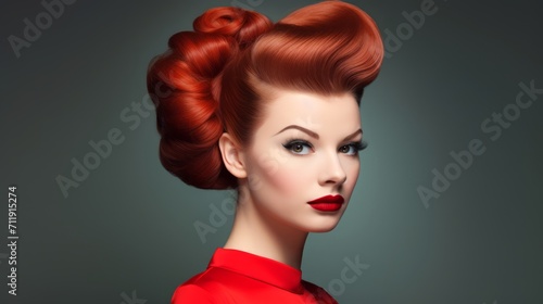 Redhead Woman with styled hair with victory rolls in vintage fashion style. For use in beauty tutorials, retro fashion spreads, hair styling guides, and makeup artistry.