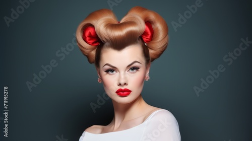 Beautiful Woman with styled hair with victory rolls in vintage fashion style. For use in beauty tutorials, retro fashion spreads, hair styling guides, and makeup artistry.