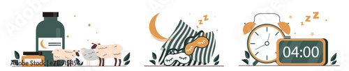 Set of items for sleep. Dream, rest and relax, recuperation. Pills with melatonin and mask, alarm and clock. Woolen sheeps. Cartoon flat vector collection isolated on white background