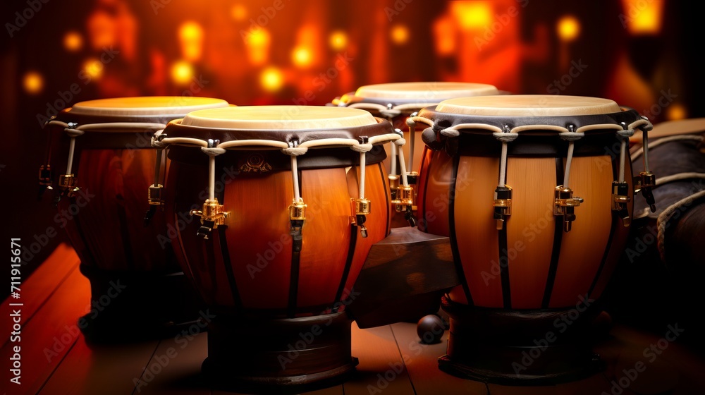 Conga drums on stage, lit by warm stage lights with bokeh effect. Ideal