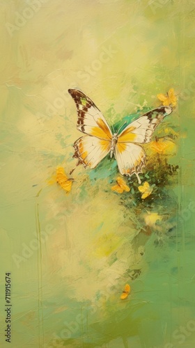 Oil painting illustration of butterfly on pastel delicate green yellow background with oil paint splashes and stains. With copy space. The image conveys the delicate beauty of nature. Vertical format