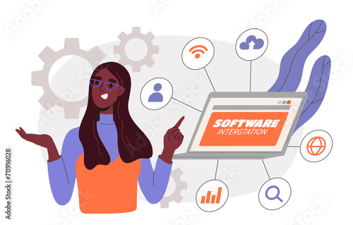 Software intergtation concept. Developer and programmer write code for programs and application. Creating of user interface. Synchronization of accounts and profiles. Cartoon flat vector illustration photo