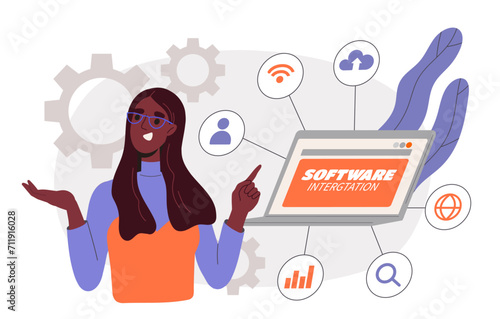 Software intergtation concept. Developer and programmer write code for programs and application. Creating of user interface. Synchronization of accounts and profiles. Cartoon flat vector illustration