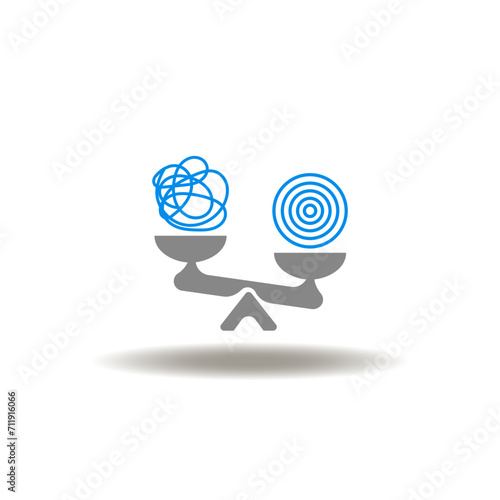 Vector illustration of seesaw imbalance with tangle and circles. Icon of Difficulty and Simplicity Creative Idea. Symbol of balance of chaotic difficult process and simple strategy.