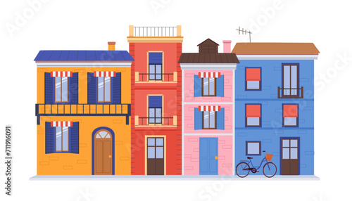 Spanish houses concept. Colorful buildings. Yellow, red, pink and blue architecture elements. Buildings and cottages, townhouses. Cartoon flat vector illustration isolated on white background