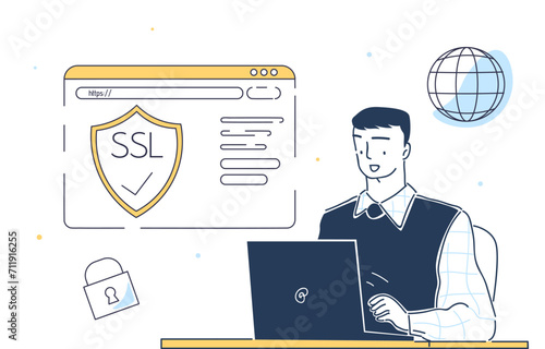 Man with SSL. Young guy sitting with a laptop, programmer IT specialist ensuring webpage security. Online protection concept. Linear doodle flat vector illustration isolated on a white background.