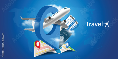 airplane, cloud, blue passport, luggage or baggage appeared and displayed in front of large pin location for travel design, vector 3d on blue background for summer travel advertising design