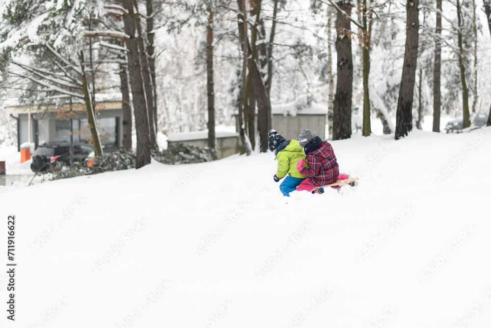 Kids Having Fun on Sledding Playing in Snow