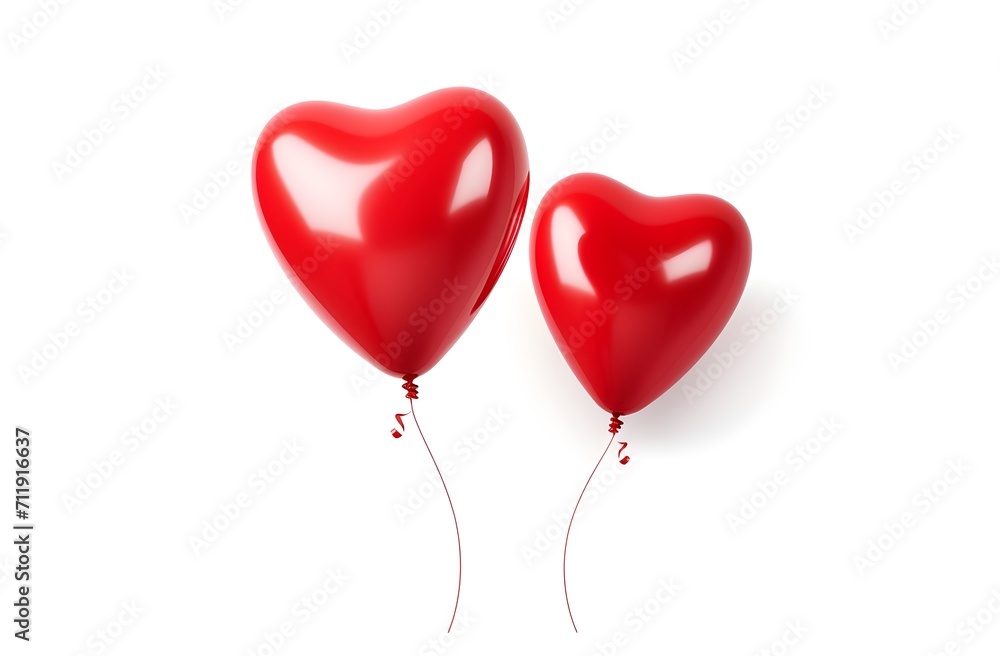 Two red heart shaped balloons on white background. Red heart balloons. Generative AI