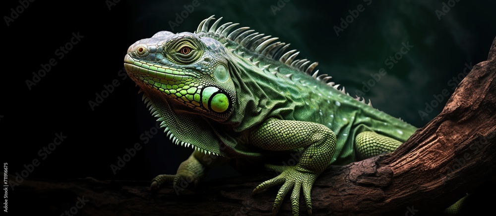 Green iguana on a branch on a black background with smoke