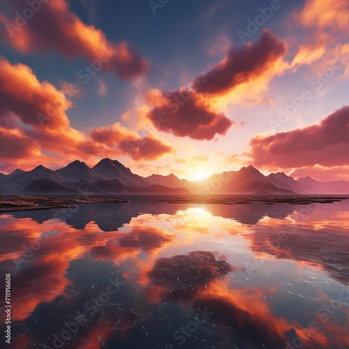Tranquil Mountain Sunset Over Reflective Lake © duyina1990