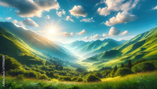 Breathtaking Mountain Landscape at Sunrise, Nature's Beauty Concept © Skyfe