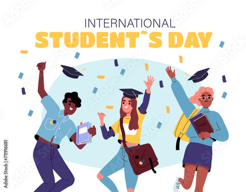 International students day poster. Holiday and festival 17 November. Young guy and girls with graduated caps under colorful confetti. Education and learning. Cartoon flat vector illustration