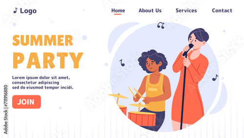 Summer party poster. Woman sing at scene. Musical band performing at scene. Creative performans of singer and percusionist, rock band. Landing page design. Cartoon flat vector illustration