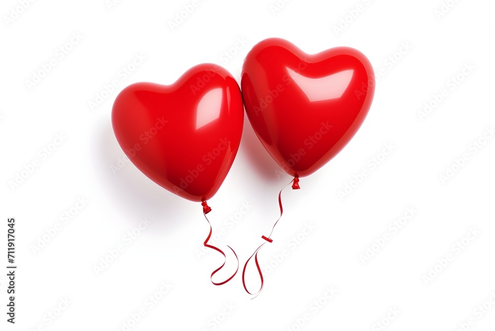 Two red heart shaped balloons on white background. Red heart balloons. Generative AI