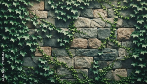 Ivy on Stone Wall Texture, Natural Background Concept