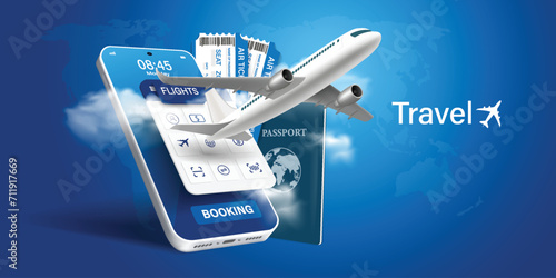Airplane is taking off from passport with location pin. Luggage blue, air ticket and cloud float away. For media tourism advertising banner design. Holiday travel and Transport concept. 3D Vector.