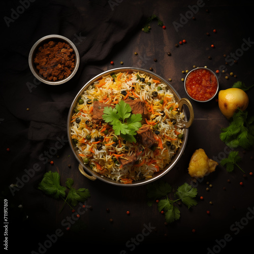 Biryani, Fragrant rice dish cooked with aromatic spices, meat (such as chicken and lamb), and vegetables