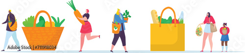 Diverse people carrying grocery bags full of vegetables and fruits. Customers after shopping, promoting healthy eating and lifestyles vector illustration.