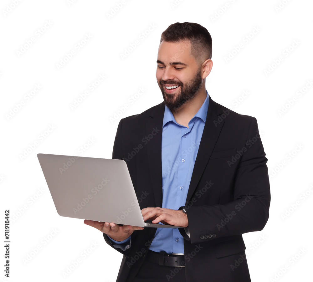 Portrait of smiling man with laptop on white background. Lawyer, businessman, accountant or manager Portrait of smiling man with laptop on white background. Lawyer, businessman, accountant or manager