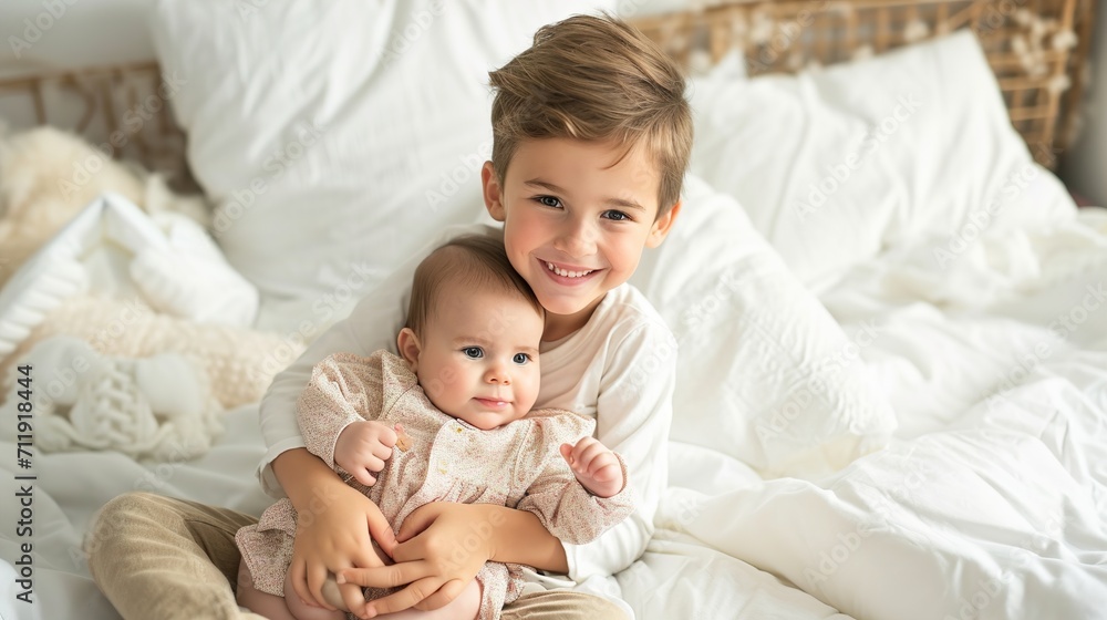 happy child holding cute little sister while sitting on white bed happy child holding cute little sister while sitting on white bed