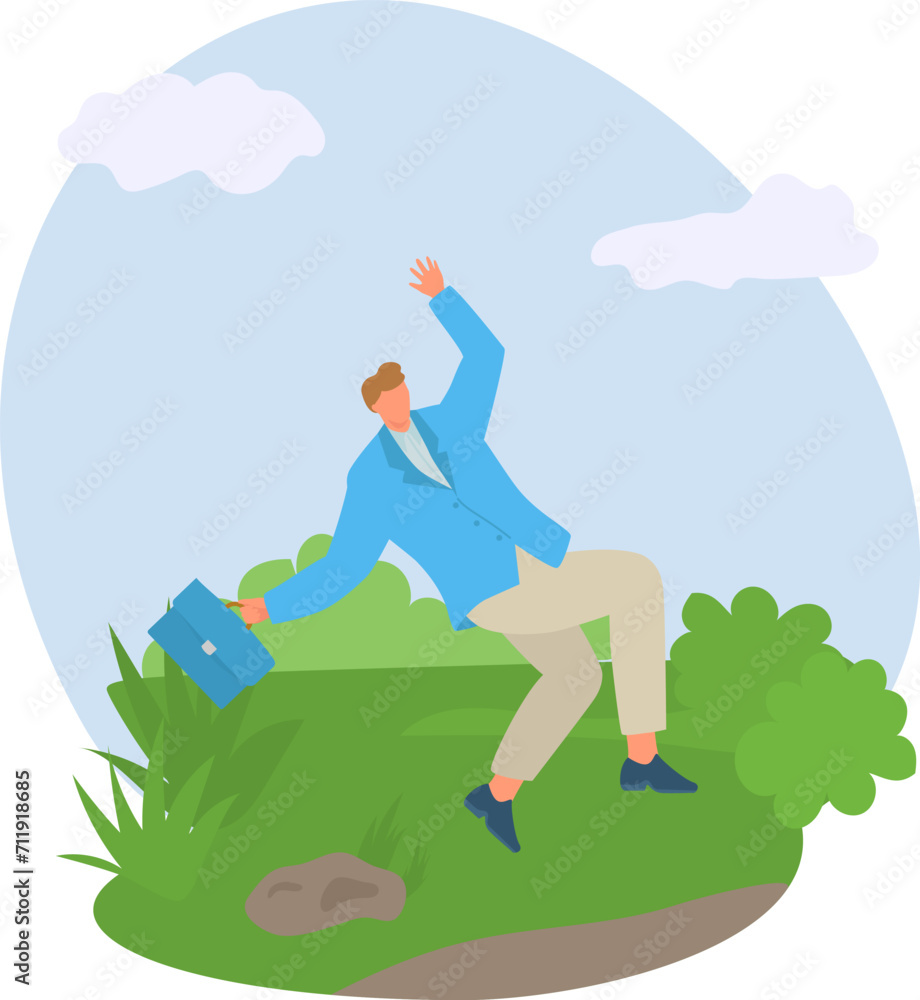 Businessman tripping over a stone on a grass field, losing balance with briefcase. Accident at work, unexpected obstacle, clumsy moment vector illustration.