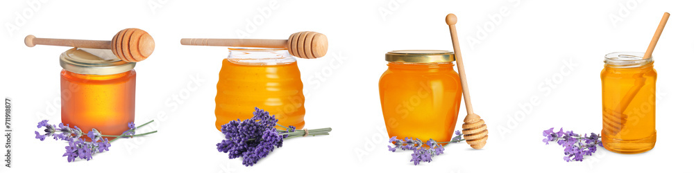 Honey in glass jars, dippers and lavender flowers isolated on white, collection Honey in glass jars, dippers and lavender flowers isolated on white, collection