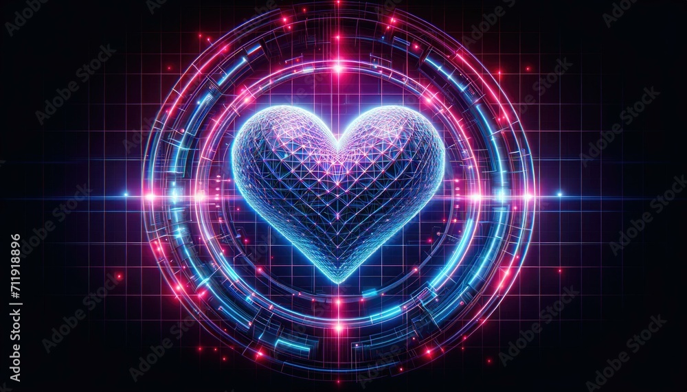 Futuristic Neon Heart on Digital Grid, Love Technology Concept Futuristic Neon Heart on Digital Grid, Love Technology Concept