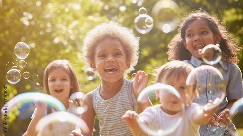 happy multi ethnic group of little friends playing with soap bubbles photo