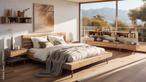 Modern bedroom interior with a large bed, a view of the mountains and a balcony