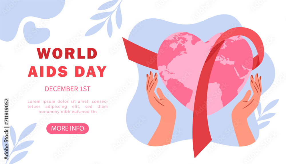 Obraz premium World AIDS day poster. Hands with heart and pink ribbon. Acquired immunodeficiency syndrome. International holiday of awareness. Landing page design. Cartoon flat vector illustration