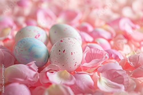 A lavish Easter display featuring eggs with delicate pastel marbling, nestled in a bed of soft pink rose petals, with a designated text area.