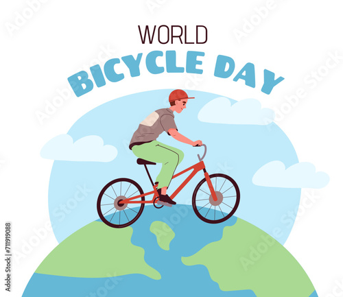 World bicycle day poster. International holiday and festival June 3. Man at cycle at planet globe. Eco friendly transport. Active lifestyle, travel and trip. Cartoon flat vector illustration