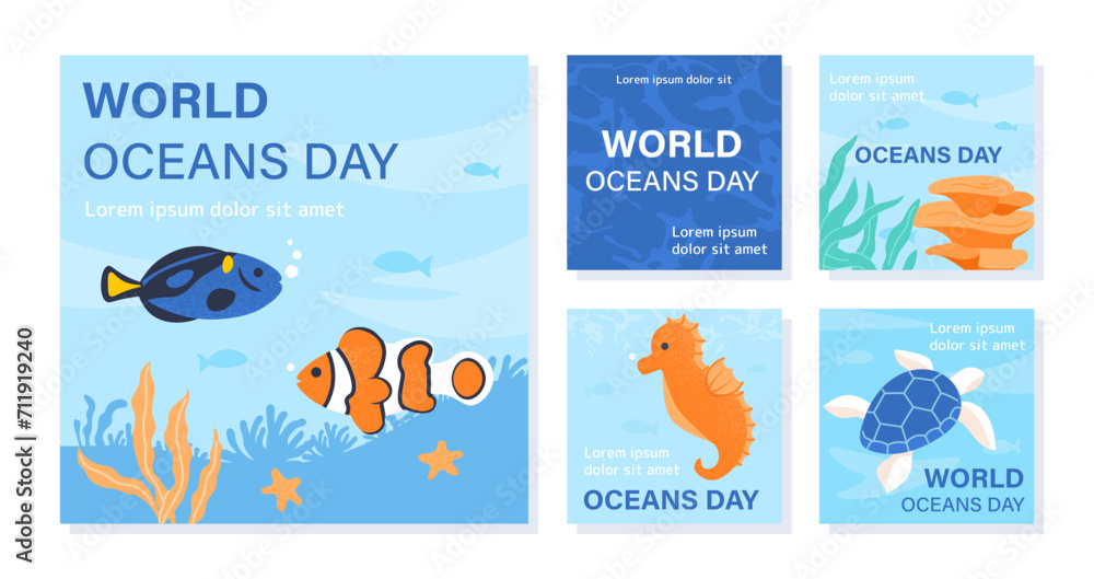 World oceans day posters set. Marine and underwater dwellers. Sea fauna and flora. Fishes with corals and reefs, turtle and shark. Cartoon flat vector collection isolated on white background