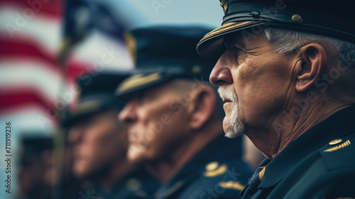 Elderly military officers in uniform before the American flag or veteran's day photo