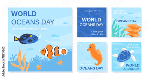 World oceans day posters set. Marine and underwater dwellers. Sea fauna and flora. Fishes with corals and reefs, turtle and shark. Cartoon flat vector collection isolated on white background