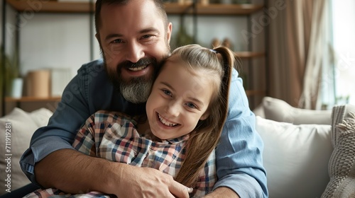 portrait of caring father embracing happy girl photo