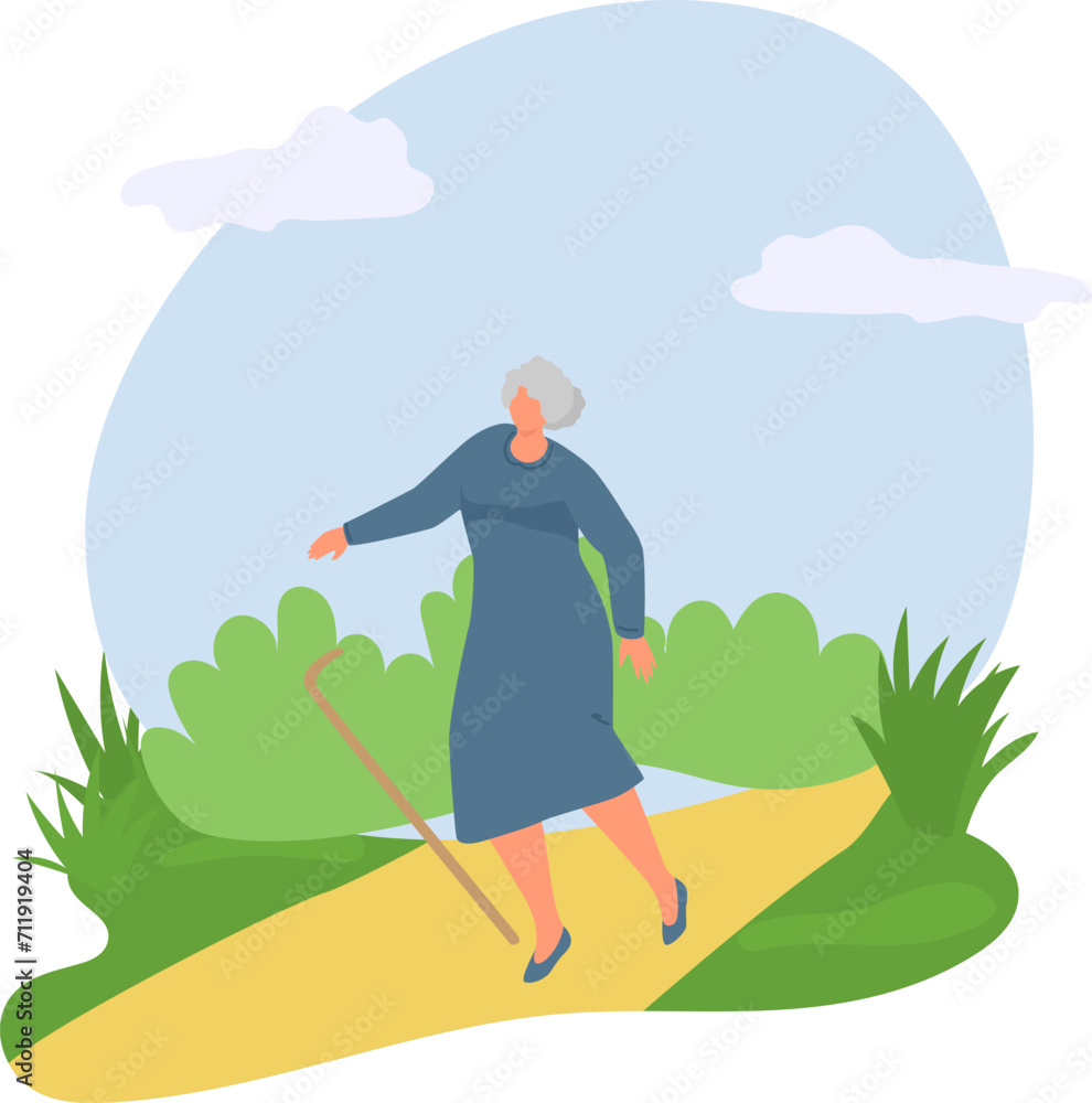 Elderly woman walking with cane on path in park. Senior female enjoys a leisurely stroll outdoors. Active aging and retirement leisure vector illustration.