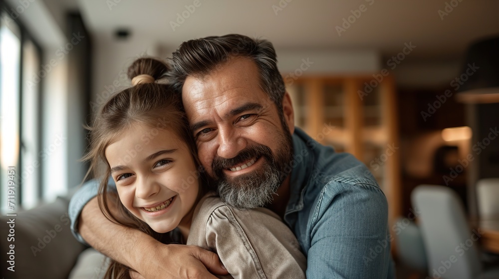 portrait of caring father embracing happy girl portrait of caring father embracing happy girl
