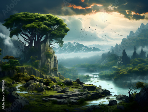 A mystical landscape painting captures the serene beauty of nature, as a lone tree stands tall amidst the foggy mountains and a tranquil river flows through the lush greenery