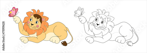 Lion illustration line and color. Cartoon vector illustration for coloring book or page.