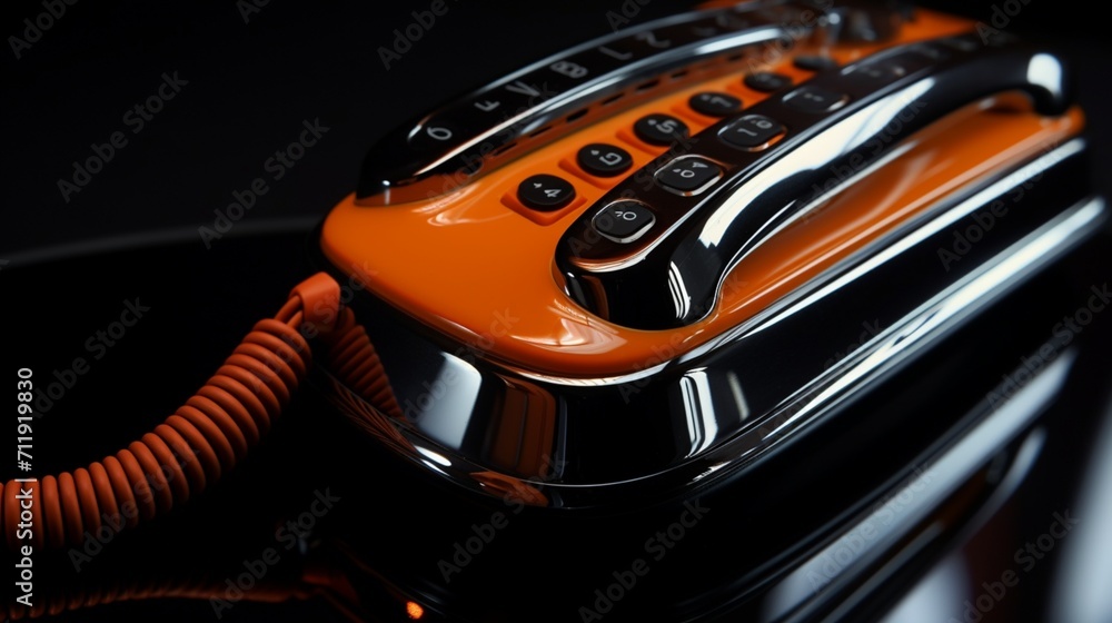 A close-up shot of an orange retro phone receiver on a sleek, reflective surface.