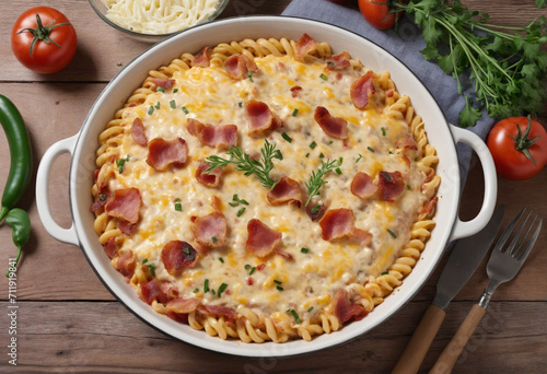 Baked pasta with bacon, cheese, and chicken, top view