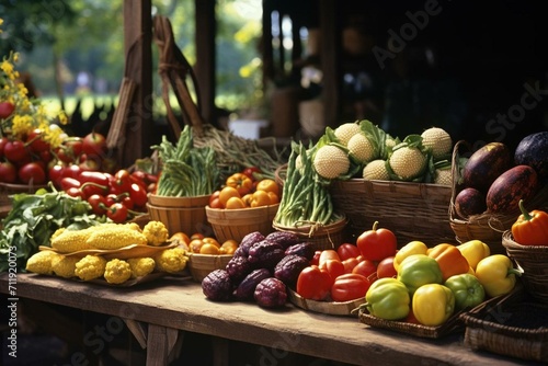 Various produce displayed on a market table. Generative AI