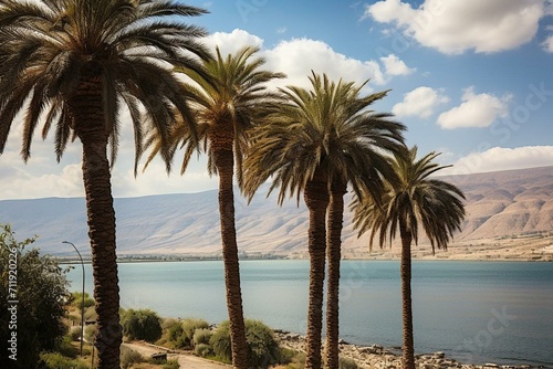 Fotografiet February view of palm trees by the Sea of Galilee, Earth's lowest freshwater lake in Tiberias, Israel