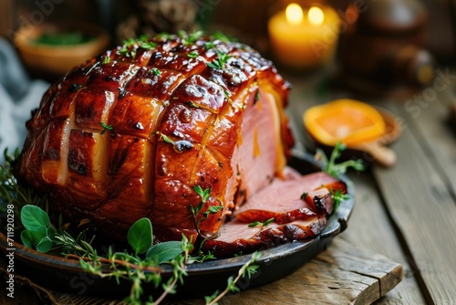 Succulent glazed Easter ham garnished with fresh herbs, presented on a plate ready for a celebratory meal