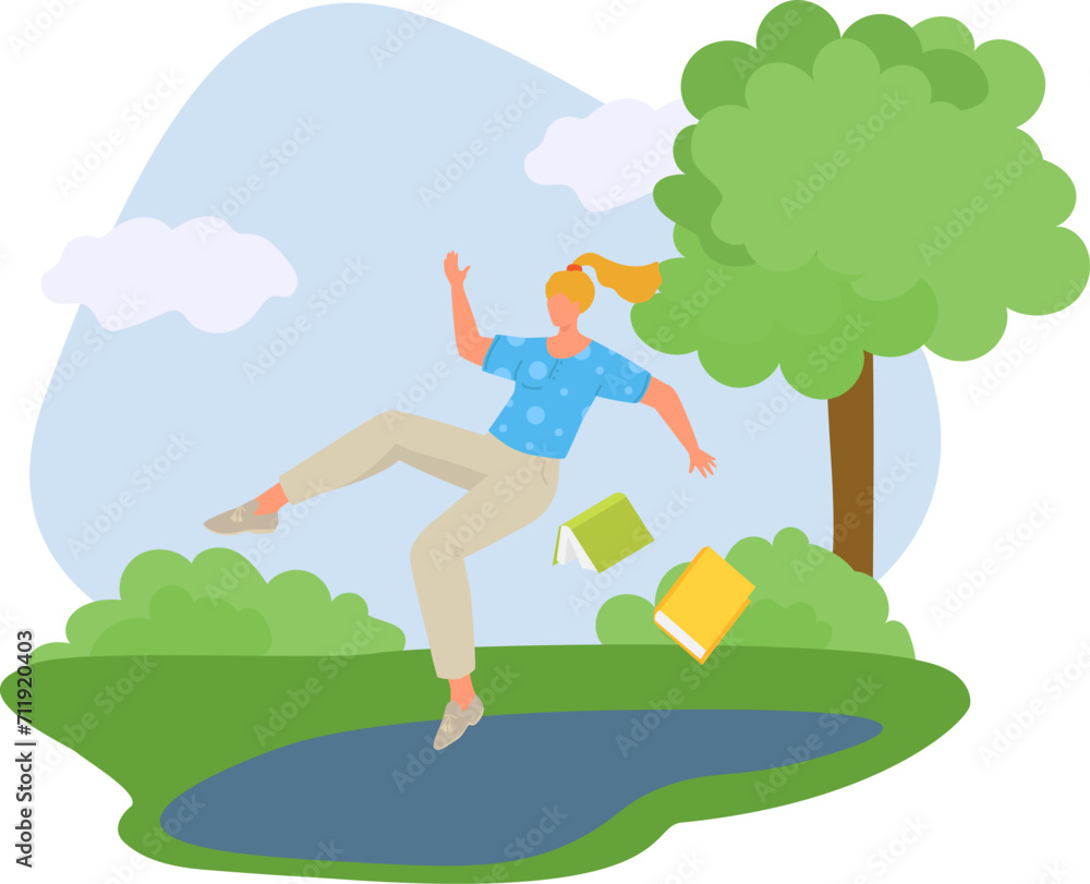 Young woman slipping near a puddle in the park, books falling. Student has an accident on a wet path, clumsy moment, outdoor mishap vector illustration.