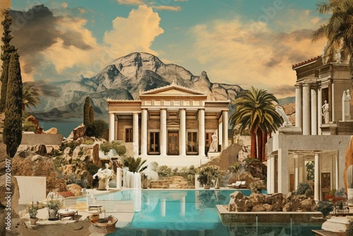 Collage of ancient Greece style mansion artwork for real estate agency. Generative AI